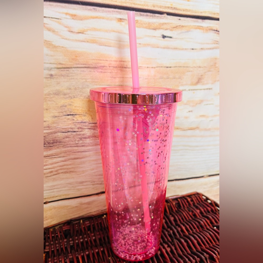 Pink Star Glitter Tumbler with Lid / Straw NEW - Picture 4 of 9